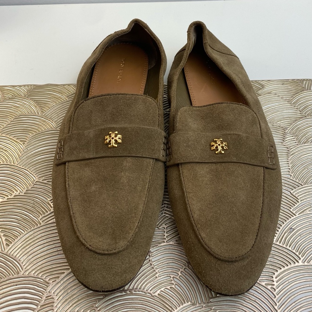 Tory Burch Tan Ballet Suede Loafers with Gold Emblem